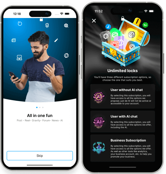 social media app features like posts, reels, AI chat subscriptions, and business promotion options.